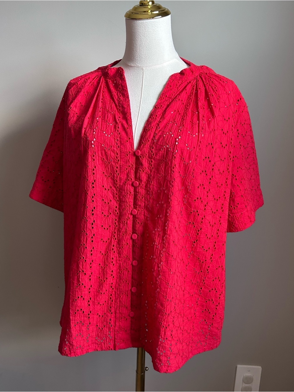 Organic cotton Bright red Eyelet Button-Front Women's Top summer breathable